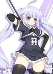 Rule 34 | 1girl, :3, ahoge, arm up, assault lily, black skirt, black sleeves, black thighhighs, blunt bangs, blush, bow, center frills, closed mouth, commentary request, cowboy shot, cropped jacket, detached sleeves, drop shadow, frilled shirt, frilled shirt collar, frilled skirt, frills, grey hair, gungun (hakutou7887), hair bow, hand on own hip, holding, holding polearm, holding weapon, long hair, long sleeves, looking at viewer, miniskirt, miriam hildegard von gropius, pleated skirt, polearm, purple background, purple eyes, school uniform, shirt, short sleeves, sidelocks, skirt, sleeve bow, sleeves past wrists, smile, solo, standing, striped, striped background, thighhighs, two-tone background, underbust, v-shaped eyebrows, very long hair, weapon, weapon behind back, white background, white bow, white shirt, wide sleeves, yurigaoka girls academy school uniform, zettai ryouiki