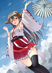 Rule 34 | 1girl, bare shoulders, black hair, black thighhighs, blush, day, detached sleeves, feet out of frame, frilled skirt, frills, hair ornament, hairclip, haruna (kancolle), haruna kai ni (kancolle), japanese clothes, kantai collection, long hair, mayura (lucadia), nontraditional miko, open mouth, pleated skirt, red skirt, ribbon-trimmed sleeves, ribbon trim, skirt, smile, solo, thighhighs, umbrella, wide sleeves, yellow eyes