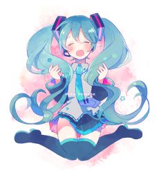 Rule 34 | 1girl, aqua hair, blush, closed eyes, fuji fujino, full body, hand in own hair, hatsune miku, long hair, necktie, open mouth, pleated skirt, skirt, smile, solo, tears, thighhighs, twintails, very long hair, vocaloid