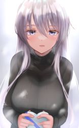 Rule 34 | 1girl, azur lane, black sweater, blush, breasts, candy, character name, chocolate, chocolate heart, enterprise (azur lane), food, hair between eyes, heart, highres, large breasts, long hair, long sleeves, looking at viewer, open mouth, purple eyes, sano sho, silver hair, simple background, sleeves past wrists, solo, sweater, turtleneck, turtleneck sweater, upper body, valentine
