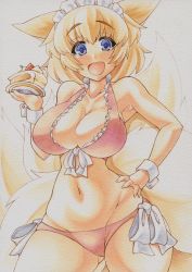 Rule 34 | 1girl, alternate costume, animal ears, bikini, blonde hair, blue eyes, breasts, cake, cleavage, collarbone, colored pencil (medium), curvy, enmaided, food, fox ears, fox tail, front-tie bikini top, front-tie top, fruit, hand on own hip, kitsune, kyuubi, large breasts, looking at viewer, maid, maid headdress, marker (medium), millipen (medium), multiple tails, navel, open mouth, plate, red bikini, side-tie bikini bottom, simple background, slit pupils, smile, solo, strawberry, swimsuit, tail, thick thighs, thighs, touhou, traditional media, white background, wide hips, wrist cuffs, yakumo ran, yutakasan-love