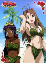 Rule 34 | 2girls, antenna hair, armpits, beach, bikini, blue eyes, blue hair, breasts, brown eyes, brown hair, cloud, crease, cross, cross necklace, dark-skinned female, dark skin, day, green bikini, jewelry, joined pages, large breasts, leaf, leaf bikini, long hair, looking at viewer, love hina, multiple girls, narusegawa naru, necklace, non-web source, nyamo namo, ocean, official art, open mouth, outdoors, scan, scan artifacts, sky, small breasts, smile, split mouth, standing, swimsuit, tama (love hina), tree, turtle, very long hair
