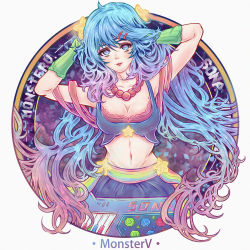 Rule 34 | 1girl, alternate hairstyle, arcade sona, arms up, artist name, bare shoulders, bead necklace, beads, blue hair, breasts, character name, cleavage, closed mouth, collarbone, commentary request, gloves, gradient hair, grey gloves, hair ornament, hairclip, highres, jewelry, league of legends, long hair, looking at viewer, monsterv, multicolored hair, navel, necklace, outside border, round image, skirt, smile, solo, sona (league of legends), star (symbol), star hair ornament, stomach, very long hair, white background