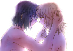 Rule 34 | 1boy, 1girl, backlighting, black hair, blonde hair, blue eyes, brown eyes, cagalli yula athha, couple, eye contact, from side, gundam, gundam seed, hand in another&#039;s hair, looking at another, nude, open mouth, parubinko, short hair, upper body
