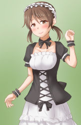 Rule 34 | 1girl, alternate costume, anti (untea9), brown eyes, brown hair, collarbone, dress, frilled dress, frills, gothic lolita, gradient background, green background, hairband, highres, kantai collection, lolita fashion, lolita hairband, looking at viewer, low twintails, parted bangs, puffy short sleeves, puffy sleeves, shirayuki (kancolle), short hair, short sleeves, short twintails, smile, solo, twintails, underbust, white dress