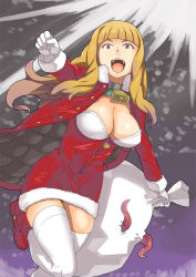 Rule 34 | 1girl, bell, blonde hair, blunt bangs, boots, breasts, christmas, cleavage, collar, cowbell, dress, foreshortening, gloves, hamushima, large breasts, long hair, magical grim, neck bell, original, red eyes, sack, santa costume, tentacles, thighhighs, zettai ryouiki