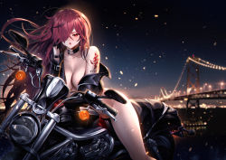 Rule 34 | 1girl, absurdres, been, black gloves, blurry, blurry background, blush, bottomless, breasts, bridge, cleavage, collarbone, elesis (elsword), elsword, floating hair, gloves, hair over one eye, half gloves, hand in own hair, highres, large breasts, long hair, looking at viewer, motor vehicle, motorcycle, night, open mouth, red eyes, red hair, riding, shoulder tattoo, solo, star (sky), tattoo, very long hair
