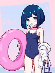 Rule 34 | 1girl, aqua background, aqua eyes, aqua hair, bag, bare shoulders, blue hair, blunt bangs, blush, bob cut, chibikki, choker, colored inner hair, commentary, competition school swimsuit, food, food in mouth, head tilt, holding, holding bag, holding swim ring, ice cream, innertube, jacket, jacket partially removed, looking at viewer, looking to the side, medium hair, mouth hold, multicolored hair, nanako (chibikki), original, pixel art, popsicle, popsicle in mouth, school swimsuit, short hair, solo, standing, swim ring, swimsuit, symbol-only commentary, two-tone hair, white jacket