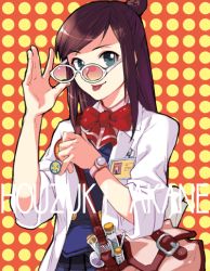 Rule 34 | 1girl, ace attorney, bag, bow, brown hair, buttons, capcom, ema skye, female focus, flask, green eyes, half updo, lab coat, long hair, phoenix wright, polka dot, ribbon, sleeves rolled up, solo, sunglasses, tongue, tote bag, watch, wristwatch
