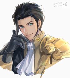 Rule 34 | 1boy, 78 (user 1778319), armor, ascot, black gloves, black hair, claude von riegan, closed mouth, dated, earrings, fire emblem, fire emblem: three houses, gloves, green eyes, hand up, jacket, jewelry, male focus, nintendo, pauldrons, short hair, shoulder armor, sideburns, simple background, single earring, single pauldron, smile, solo, upper body, white background, yellow jacket