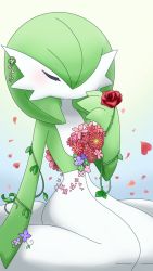 Rule 34 | 1girl, blue background, blush, closed eyes, clover, colored skin, creatures (company), female focus, flower, four-leaf clover, game freak, gardevoir, gen 3 pokemon, gradient background, green hair, green skin, hair over one eye, hand up, highres, light blush, muguet, multicolored skin, nintendo, no mouth, petals, pink flower, plant, pokemon, pokemon (creature), purple flower, red flower, red rose, rose, short hair, simple background, sitting, solo, thorns, two-tone skin, vines, white background, white skin