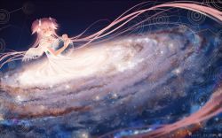 Rule 34 | 10s, 1girl, absurdly long hair, artist name, bare arms, blurry, bow, closed eyes, closed mouth, depth of field, dress, earth (planet), eyebrows, feathered wings, floating hair, galaxy, hair bow, hug, kaname madoka, long hair, magical girl, mahou shoujo madoka magica, mahou shoujo madoka magica (anime), pink hair, planet, rimuu, short sleeves, smile, solo, space, spoilers, star (sky), transparent, two side up, ultimate madoka, very long hair, white bow, white dress, white wings, wings