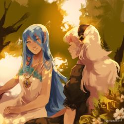 Rule 34 | 2girls, azura (fire emblem), blue hair, corrin (female) (fire emblem), corrin (fire emblem), fire emblem, fire emblem fates, flower, image sample, jewelry, long hair, lowres, multiple girls, necklace, nintendo, outdoors, painting (medium), pointy ears, sitting, smile, traditional media, tree, tumblr sample, watercolor (medium), white hair