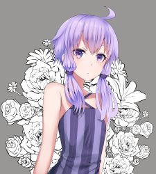 Rule 34 | 1girl, bare shoulders, collarbone, commentary request, flat chest, floral background, floral print, flower, grey background, hair ornament, kakan (amka), long hair, looking at viewer, purple eyes, purple hair, short hair with long locks, solo, twintails, vocaloid, yuzuki yukari