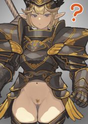 Rule 34 | 1girl, ?, armor, black armor, black thighhighs, blonde hair, blue eyes, breastplate, brown pubic hair, censored, closed mouth, elf, eyelashes, female pubic hair, gauntlets, gluteal fold, greaves, grey background, grey pupils, hamama2, helmet, highres, knight, long eyelashes, looking at viewer, mosaic censoring, navel, original, outline, pauldrons, pointy ears, pubic hair, pussy, short hair, shoulder armor, simple background, skindentation, solo, sword, thigh gap, thighhighs, vambraces, weapon, weapon on back, white outline