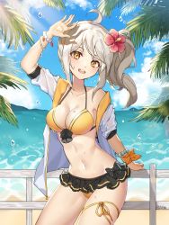 Rule 34 | 1girl, arm up, artist name, bad id, bad pixiv id, beach, bead bracelet, beads, bikini, black bow, blue sky, bow, bracelet, breasts, cleavage, cloud, day, fence, flower, frilled bikini, frills, hair flower, hair ornament, halterneck, hibiscus, highres, jacket, jacket on shoulders, jewelry, long hair, looking at viewer, medium breasts, navel, original, outdoors, ribbon, risem, side ponytail, silver hair, sky, smile, solo, standing, swimsuit, wet, wristband, yellow eyes, yellow ribbon