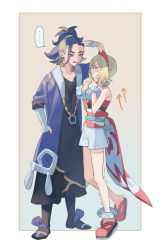 Rule 34 | ..., 1boy, 1girl, adaman (pokemon), anklet, arrow (symbol), blonde hair, blue coat, border, bracelet, brown eyes, closed eyes, closed mouth, coat, commentary request, creatures (company), game freak, hairband, hand in pocket, hand up, hand wraps, height difference, highres, irida (pokemon), jewelry, nintendo, open mouth, pankona (ubsssss), pokemon, pokemon legends: arceus, ponytail, red footwear, red hairband, sash, shirt, shoes, shorts, spoken ellipsis, standing, sweatdrop, tiptoes, trembling, waist cape, white border