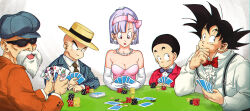 Rule 34 | 1girl, 4boys, amachu a, bald, bead necklace, beads, beard, black eyes, black hair, black necktie, blue bow, blue bowtie, bow, bowtie, breasts, bulma, card, cleavage, commentary, dragon ball, dragonball z, dress, earrings, elbow gloves, english commentary, facial hair, formal, gloves, hairband, head rest, highres, holding, holding card, jacket, jewelry, kuririn, lunch (dragon ball), lunch (good) (dragon ball), medium breasts, multiple boys, muten roushi, necklace, necktie, old, old man, pink eyes, pink hairband, poker chip, poker table, purple hair, son gohan, son goku, strapless, strapless dress, striped bow, striped bowtie, striped clothes, striped jacket, suit, suit jacket, sunglasses, suspenders, table, thinking, white gloves