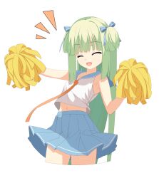 Rule 34 | 1girl, :d, ^ ^, absurdres, alternate costume, blue ribbon, blue sailor collar, blue skirt, blunt bangs, blunt ends, cheerleader, closed eyes, commentary, cowboy shot, facing viewer, green hair, hair ribbon, hands up, happy, highres, hime cut, kaon zz, long hair, miniskirt, murasame (senren), notice lines, open mouth, outstretched arm, pleated skirt, pom pom (cheerleading), ribbon, sailor collar, senren banka, shirt, sidelocks, simple background, skirt, sleeveless, sleeveless shirt, smile, solo, standing, straight hair, two side up, very long hair, white background, white shirt