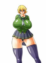 Rule 34 | 00s, 1girl, blonde hair, blue eyes, breasts, covered erect nipples, highres, huge breasts, igawa sakura, school uniform, shirt, short hair, simple background, skirt, solo, taimanin (series), taimanin asagi, taut clothes, taut shirt, thighhighs, underwear, white background, wrato