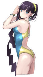 Rule 34 | 1girl, absurdres, alternate costume, ass, black hair, blue eyes, blunt bangs, blush, bracelet, breasts, commentary request, competition swimsuit, creatures (company), earrings, elesa (pokemon), from side, game freak, hair ornament, hair scrunchie, highres, jewelry, long hair, looking at viewer, nintendo, nishikino kee, one-piece swimsuit, pokemon, pokemon bw2, scrunchie, solo, swimsuit, two-tone swimsuit, very long hair, yellow scrunchie