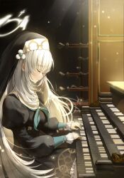 Rule 34 | 1girl, absurdres, blue archive, closed eyes, closed mouth, coif, frills, from side, grey hair, habit, halo, highres, indoors, instrument, juliet sleeves, long hair, long sleeves, music, nun, organ (instrument), playing instrument, profile, puffy sleeves, sakurako (blue archive), sangnoksu, solo, yellow halo