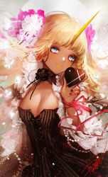 Rule 34 | 1girl, arm ribbon, artist request, bad id, bad pixiv id, beads, black bow, black flower, black nails, black ribbon, blonde hair, blue eyes, blunt bangs, bow, breasts, bug, butterfly, candy, chocolate, chocolate heart, choker, cleavage, closed mouth, danhu, dark-skinned female, dark skin, eyelashes, finger ribbon, flower, food, grey background, hair flower, hair ornament, head tilt, heart, highres, holding, holding food, horns, insect, lace trim, lipstick, looking at viewer, makeup, nail polish, original, personification, pink ribbon, ribbon, signature, single horn, small breasts, smile, solo, striped, upper body, vertical stripes, wide sleeves, yellow lips