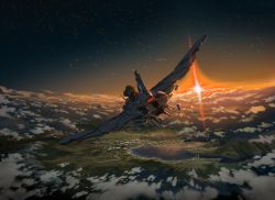 Rule 34 | aircraft, airship, ashorz, character request, cloud, cloudy sky, copyright request, evening, flying, from above, from behind, gradient sky, highres, horizon, lake, original, outdoors, pilot, scenery, ship, sky, sunset, twilight, vehicle focus, watercraft
