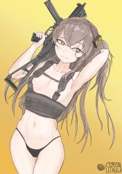Rule 34 | 1girl, arm behind head, armpits, arms up, artist name, black panties, breasts, brown eyes, brown hair, cerealxs, chest harness, closed mouth, collarbone, cowboy shot, female focus, girls&#039; frontline, gun, hair ornament, harness, highleg, highleg panties, highres, holding, holding gun, holding weapon, long hair, looking at viewer, navel, no bra, no pants, panties, scar, scar across eye, small breasts, smile, solo, standing, thigh gap, thighs, ump45 (girls&#039; frontline), underwear, weapon, yellow background