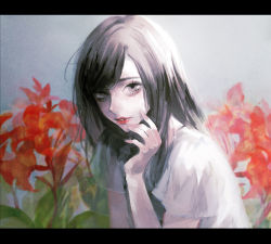 Rule 34 | 1girl, black hair, flower, grey eyes, letterboxed, lips, lipstick, long hair, looking at viewer, makeup, original, parted bangs, red flower, red lips, shirt, solo, white shirt, yumepon