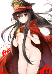 Rule 34 | 1girl, black hair, breasts, cape, clenched hands, cowboy shot, fate/grand order, fate (series), groin, hair between eyes, hair censor, hat, long hair, looking at viewer, luse maonang, naked cape, navel, oda nobunaga (fate), oda nobunaga (koha-ace), peaked cap, red cape, red eyes, small breasts, smile, solo, very long hair