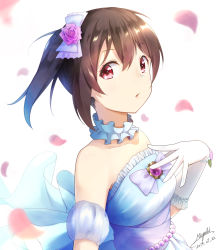 Rule 34 | 1girl, :o, artist name, artist request, bare shoulders, black hair, blue dress, blush, bow, dress, female focus, flower, gloves, hair flower, hair ornament, haruna miyabi, highres, jewelry, looking at viewer, love live!, love live! school idol project, petals, red bow, red eyes, short hair, solo, twintails, white background, white gloves, yazawa nico