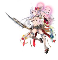 Rule 34 | 1girl, antenna hair, breasts, checkered clothes, checkered skirt, cleavage, flower, full body, hair flower, hair ornament, holding, holding polearm, holding spear, holding weapon, long hair, maeda kanazawa (oshiro project), medium breasts, midriff, murakami yuichi, navel, official art, oshiro project:re, oshiro project:re, pleated skirt, polearm, purple hair, sideboob, skirt, solo, spear, thighhighs, torn clothes, torn skirt, transparent background, two side up, very long hair, weapon, white hair