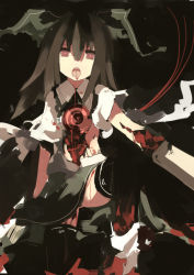 Rule 34 | 1girl, arm cannon, black background, black hair, black thighhighs, blood, bow, empty eyes, female focus, fuukadia (narcolepsy), green skirt, guro, horns, long hair, miniskirt, open mouth, radiation symbol, red eyes, reiuji utsuho, school uniform, simple background, skirt, solo, striped clothes, striped skirt, thighhighs, torn clothes, touhou, weapon