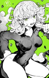 Rule 34 | !, !!, 1girl, absurdres, breasts, commentary request, curly hair, dress, green background, green eyes, greyscale, greyscale with colored background, highres, long sleeves, medium breasts, monochrome, one-punch man, open mouth, simple background, solo, spoken exclamation mark, tatsumaki, teeth, thighs, yotsumi shiro