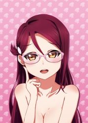 Rule 34 | 10s, 1girl, bare shoulders, bespectacled, breasts, collarbone, completely nude, glasses, hair ornament, hairpin, long hair, love live!, love live! sunshine!!, medium breasts, nude, open mouth, out-of-frame censoring, pink background, pink hair, sakurauchi riko, satolive20, short hair, solo, upper body, yellow eyes