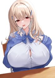 Rule 34 | 1girl, :d, blonde hair, blue bow, blue bowtie, blue jacket, blush, bow, bowtie, breasts, button gap, claw ring, cleavage, collared shirt, goddess of victory: nikke, hair intakes, hair ornament, highres, huge breasts, jacket, jewelry, long hair, looking at viewer, multiple rings, off-shoulder jacket, off shoulder, open mouth, puffy sleeves, red eyes, ring, shirt, sitting, sleeves past wrists, smile, solo, tia (nikke), white background, white shirt, xi oshir1