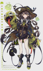 Rule 34 | 1girl, belt, brown hair, button eyes, buttons, cape, character name, csyday, english text, full body, ghost, green eyes, grey background, hair ornament, hairclip, halloween, hand puppet, hat, highres, long hair, looking at viewer, original, puffy shorts, puppet, shorts, solo, standing, thighhighs, trick or treat, very long hair, white thighhighs, witch hat
