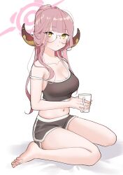 Rule 34 | 1girl, aru (blue archive), bare legs, barefoot, black shorts, black sports bra, blue archive, blush, breasts, cleavage, collarbone, cup, demon horns, dolphin shorts, feet, glasses, hagyouayumu, halo, highres, holding, holding cup, horns, legs, looking at viewer, medium breasts, navel, pink hair, ponytail, round eyewear, short shorts, shorts, simple background, sitting, solo, sports bra, strap slip, toenails, toes, wariza, white background, yellow eyes