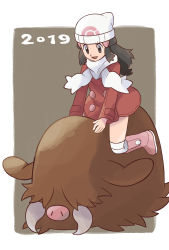 Rule 34 | 1girl, beanie, boots, buttons, coat, commentary request, creatures (company), dated, dawn (pokemon), eyelashes, game freak, gen 2 pokemon, grey eyes, grey hair, hair ornament, hairclip, hat, highres, long hair, long sleeves, looking down, nintendo, open mouth, over-kneehighs, piloswine, pink footwear, pokemon, pokemon (creature), pokemon dppt, pokemon platinum, red coat, riding, riding pokemon, sawa (soranosawa), scarf, sidelocks, smile, thighhighs, tongue, white headwear, white scarf, white thighhighs