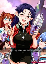Rule 34 | 1boy, 3girls, ;d, ayanami rei, blue eyes, blue hair, breasts, brown eyes, brown hair, commentary, cup, disposable cup, drinking straw, earrings, english commentary, english text, grimace shake (meme), highres, ikari shinji, jewelry, katsuragi misato, large breasts, looking at viewer, mcdonald&#039;s, meme, multiple girls, nail polish, neon genesis evangelion, one eye closed, open mouth, patreon username, purple hair, red eyes, red nails, smile, snegovski, souryuu asuka langley, stud earrings, w