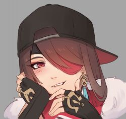 Rule 34 | 1girl, anhmaruwu, backwards hat, baseball cap, beidou (genshin impact), black gloves, black hat, blush, brown hair, colored eyepatch, commentary, earrings, english commentary, eyepatch, fingerless gloves, fur trim, genshin impact, gloves, grey background, hand on own chin, hat, jewelry, long hair, looking at viewer, one eye covered, portrait, red eyes, simple background, solo, teeth