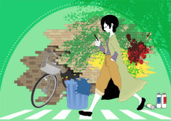 Rule 34 | androgynous, bicycle, black cat, black hair, brick wall, cat, cellphone, closed eyes, coat, crosswalk, gender request, hand in pocket, inui yamato, multitasking, original, phone, shoes, short hair, smartphone, solo, spray can, trash can, walking, wall