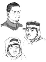 Rule 34 | 3boys, chengongzi123, closed mouth, facial hair, goatee, goatee stubble, golden kamuy, greyscale, hat, highres, hood, hood up, looking at viewer, looking to the side, male focus, military hat, monochrome, multiple boys, mustache, mustache stubble, okada fumio, parted lips, portrait, short hair, simple background, stubble, tamai houzo, tsukishima hajime, very short hair, white background