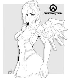 Rule 34 | 1girl, a rodjim, absurdres, alternate hairstyle, arms at sides, artist name, bare arms, bodysuit, border, bottomless, breasts, copyright name, cowboy shot, grey background, greyscale, halo, heart, heart-shaped pupils, highres, lineart, lips, logo, looking at viewer, mechanical halo, mechanical wings, medium breasts, mercy (overwatch), monochrome, navel, no pants, nose, overwatch, overwatch 1, overwatch 2, parted lips, partially undressed, short hair, signature, simple background, sketch, smile, solo, swiss flag, symbol-shaped pupils, thighhighs, white border, wings