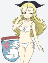 Rule 34 | 1girl, ;), assam (girls und panzer), bare shoulders, bikini, black ribbon, blonde hair, blue eyes, breasts, closed mouth, commentary, cowboy shot, emblem, front-tie bikini top, front-tie top, girls und panzer, grey background, groin, hair pulled back, hair ribbon, hand in own hair, highres, ichinose jun, long hair, looking at viewer, medium breasts, navel, one eye closed, ribbon, side-tie bikini bottom, simple background, smile, solo, st. gloriana&#039;s (emblem), standing, swimsuit, thigh gap, white bikini