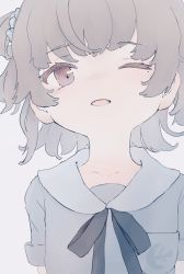 Rule 34 | 1girl, anchor symbol, black bow, blush, bow, breast pocket, brown eyes, commentary request, fang, grey background, grey shirt, hair rings, hatoba tsugu, hatoba tsugu, head tilt, highres, looking at viewer, mole, mole under eye, nose blush, one eye closed, parted lips, pocket, red eyes, revision, sha2mo, shirt, short sleeves, simple background, solo, virtual youtuber