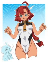 Rule 34 | 2girls, ^^^, adapted costume, ahoge, black hairband, blue eyes, blush, border, breasts, chibi, cleavage cutout, clothing cutout, covered erect nipples, covered navel, cropped legs, gluteal fold, gundam, gundam suisei no majo, hair between eyes, hairband, hands up, highleg, highleg leotard, highres, leotard, long hair, looking down, low ponytail, miorine rembran, mudou eichi, multiple girls, necktie, notepad, open mouth, red hair, small breasts, suletta mercury, sweatdrop, taking notes, thick eyebrows, white border, white leotard, yellow necktie