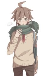 Rule 34 | 1boy, ahoge, bag, beige sweater, blush, breath, brown eyes, brown hair, brown pants, cold, commentary request, cowboy shot, green scarf, long sleeves, looking away, looking to the side, male focus, mikuni (open-ranka), naegi makoto, necktie, open mouth, pants, red necktie, scarf, school bag, school uniform, shirt, sideways glance, simple background, solo, sweater, white background, white shirt