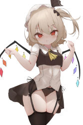 Rule 34 | 1girl, :t, absurdres, adapted costume, alternate color, ascot, berserker r, black bow, black ribbon, black skirt, black thighhighs, black vest, blonde hair, blush, bow, closed mouth, commentary request, cowboy shot, crystal, flandre scarlet, frilled shirt collar, frills, garter straps, hair between eyes, hair bow, hands up, hat, hat ribbon, highres, looking at viewer, miniskirt, mob cap, one side up, panties, pout, puffy short sleeves, puffy sleeves, red eyes, ribbon, short hair, short sleeves, simple background, skirt, solo, thighhighs, thighs, touhou, underwear, vest, white background, white hat, wings, yellow ascot